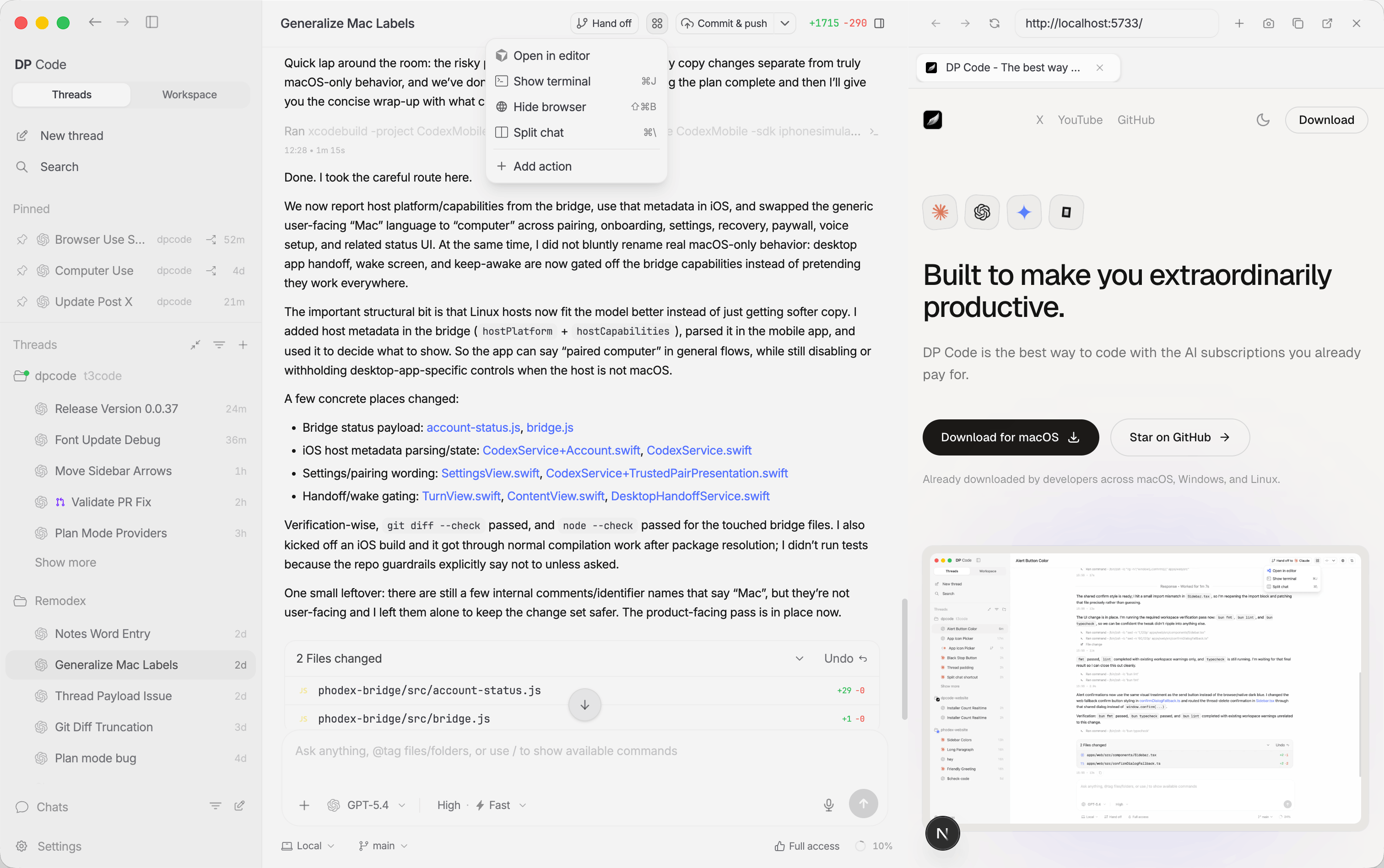 DP Code — AI-powered coding assistant interface