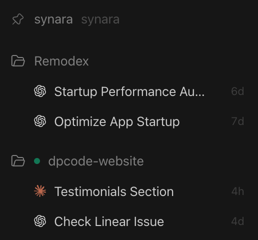 Synara projects sidebar — synara, Remodex, and dpcode-website each with their own threads
