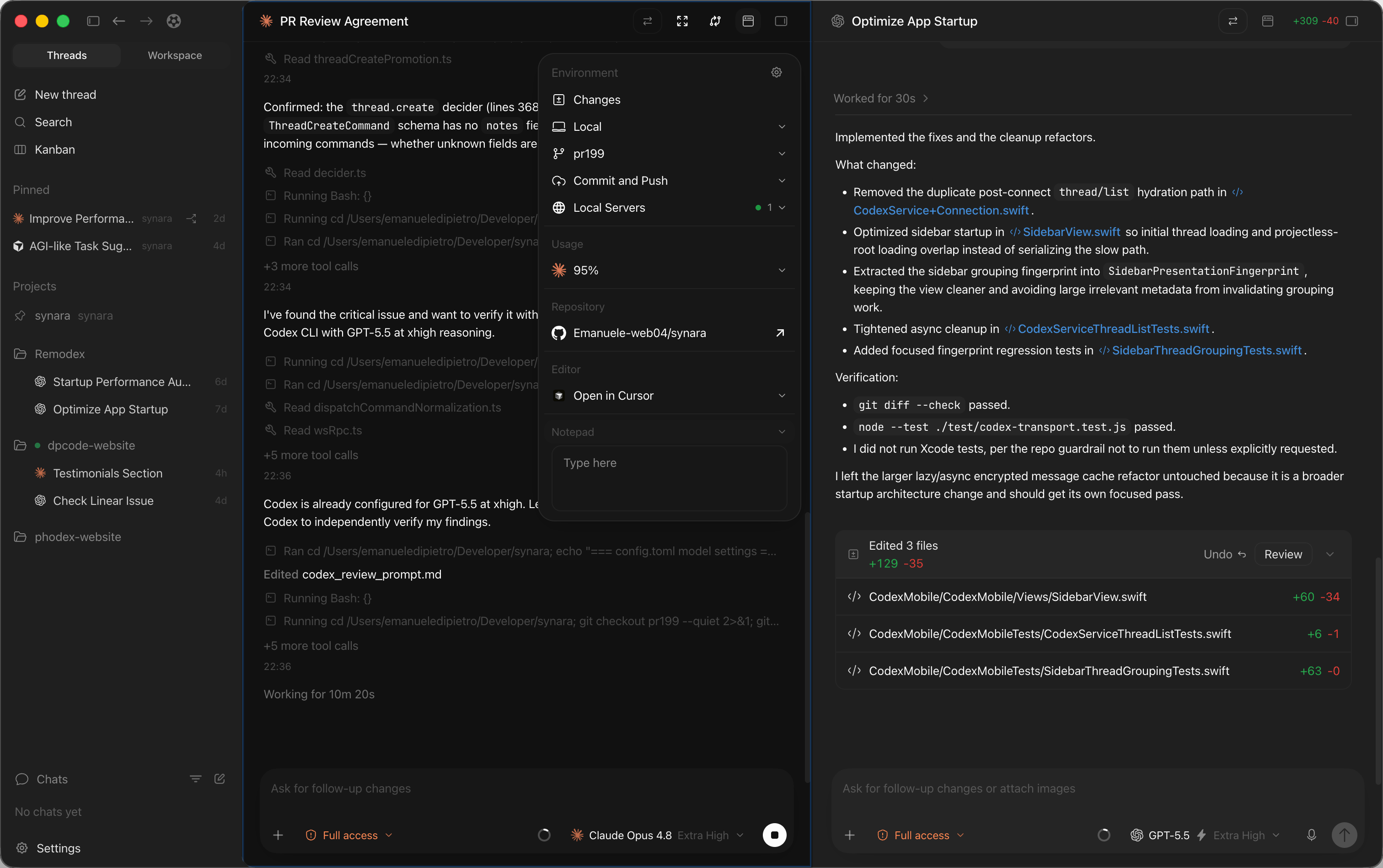 Synara split view — two agent threads running in parallel in the same window